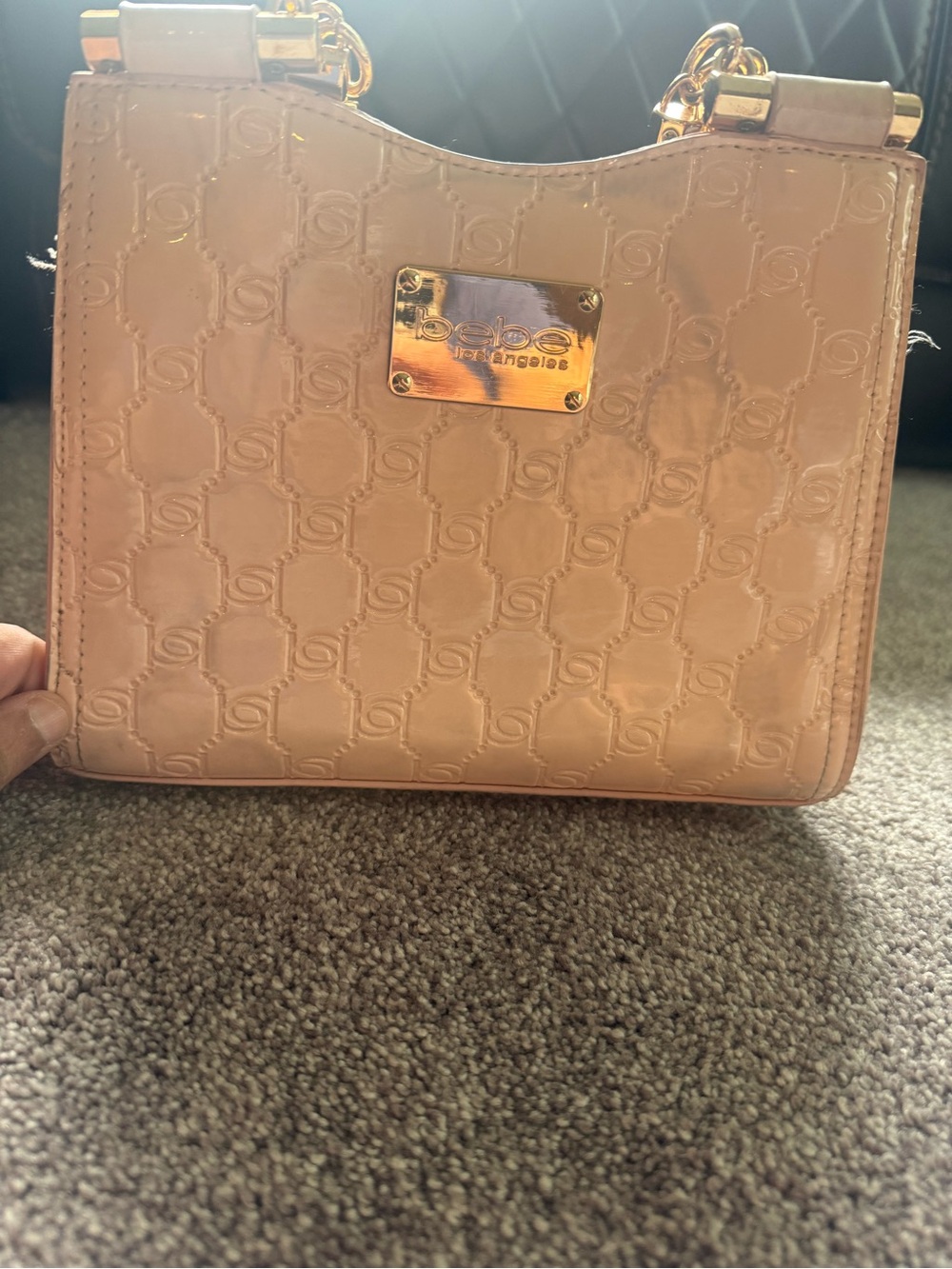 bebe Patent Embossed Crossbody in Peach Blush with Gold Hardware